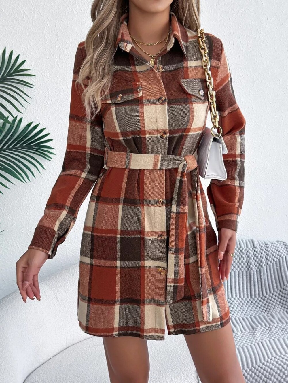 Plaid Belted Shirt Dress